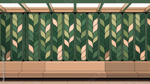 A green and beige wall with leaf patterns and a beige bench in a well lit indoor space area design