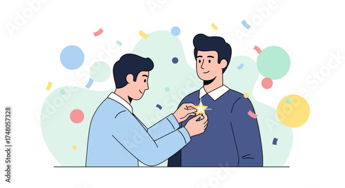Two professional men celebrate success as one presents a prestigious star badge, highlighting teamwork and appreciation in a vibrant, contemporary vector graphic.