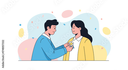 A dedicated employee joyfully receives a prestigious award from a supportive colleague, symbolizing outstanding achievement and well-deserved recognition.