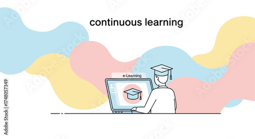 This modern vector illustration depicts an individual engaged in continuous e-learning, utilizing a laptop for professional development and knowledge acquisition.