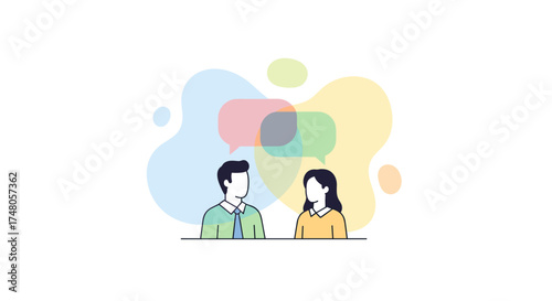 This modern vector illustration depicts two individuals engaged in a lively conversation, symbolizing effective communication and social interaction with colorful speech bubbles.