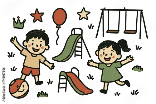 Playful Recess Doodle. Recess fun illustration doodle style: hand drawn ball with smile, crown, star, balloon, slide, swings, and
