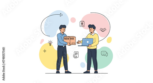 Two men exchange a package and a laptop, symbolizing modern business transactions, online delivery, and digital commerce collaboration.