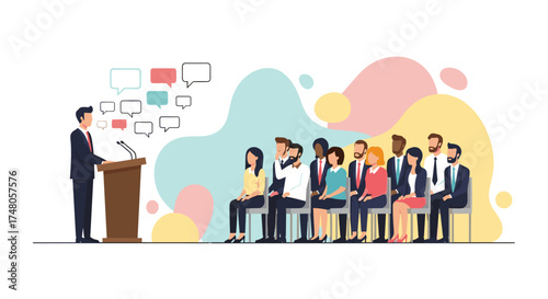 A diverse audience engages with a speaker presenting at a professional conference, fostering communication and idea exchange.