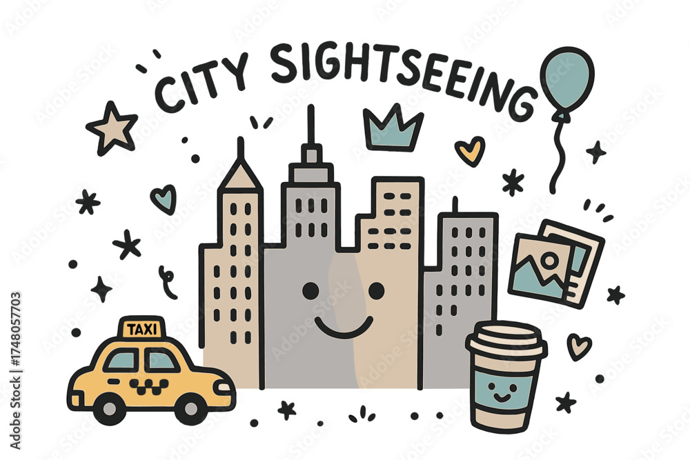 Naklejka premium Whimsical Cityscape Doodle. City sightseeing illustration doodle style: hand drawn skyline with smile, crown, star, balloon, taxi,