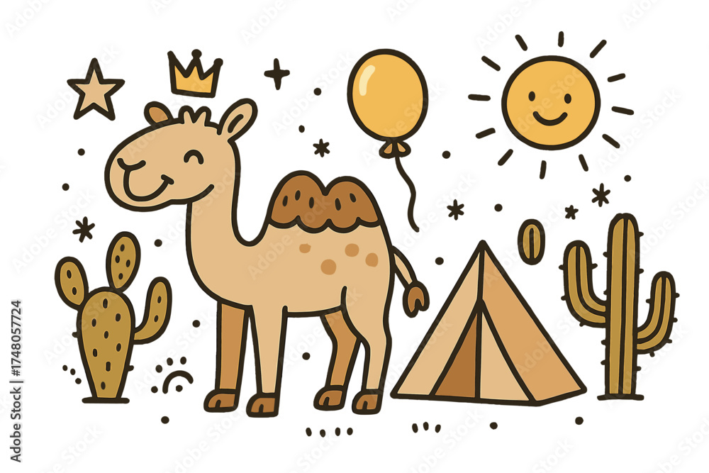 Obraz premium Desert Adventure Doodle. Desert trip illustration doodle style: hand drawn camel with smile, crown, star, balloon, cacti, sun, and