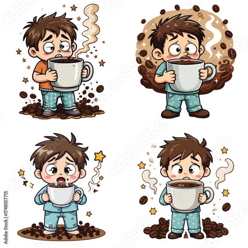 Young boy holding a large coffee cup in pajamas with expressions  