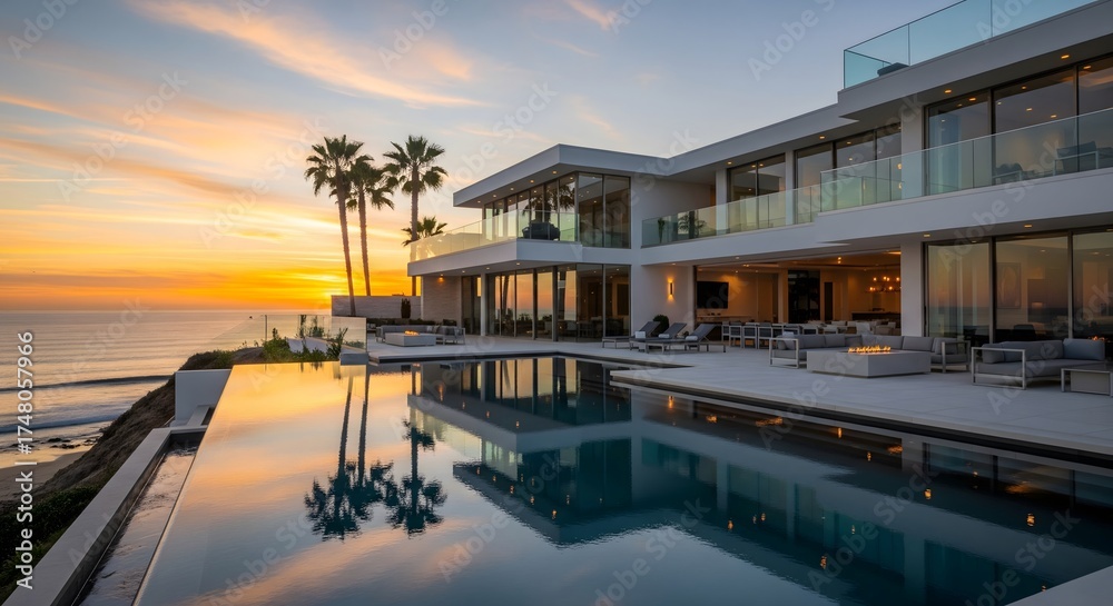 Fototapeta premium Luxurious modern oceanfront mansion with an infinity pool reflecting a beautiful sunset, showcasing contemporary architecture and an idyllic coastal lifestyle