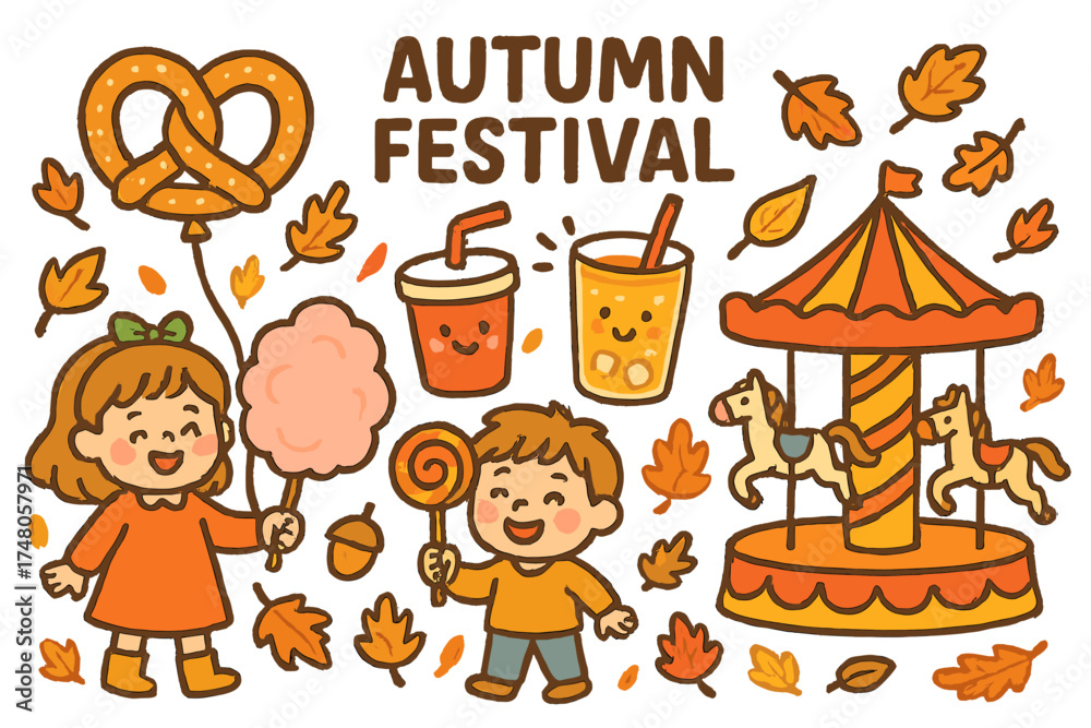 Obraz premium Autumn Festival Fun. Autumn festival doodle illustration with kids holding sweets, cotton candy, smiling drinks, pretzel balloon,
