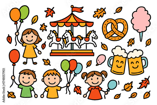 Carnival Joy and Treats. Carnival doodle vector with children holding balloons, carousel horses, pretzel, cotton candy, falling