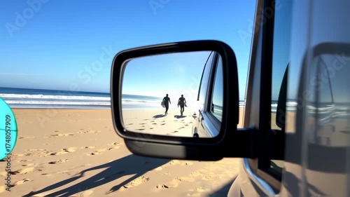 Coastal scene in car mirror reflection