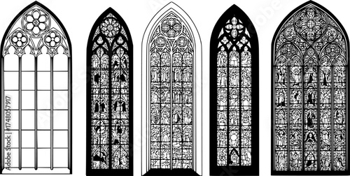 Medieval gothic church glass arch windows. Catholic temple or castle arched stained glasses. Isolated vector black outline silhouette arches. Vintage frames, cathedral interior European architecture