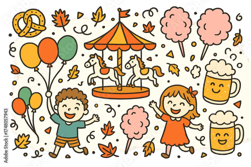 Carnival Joy and Treats. Carnival doodle vector with children holding balloons, carousel horses, pretzel, cotton candy, falling