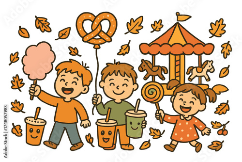Autumn Festival Fun. Autumn festival doodle illustration with kids holding sweets, cotton candy, smiling drinks, pretzel balloon,