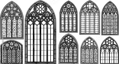 Medieval gothic church glass arch windows. Catholic temple or castle arched stained glasses. Isolated vector black outline silhouette arches. Vintage frames, cathedral interior European architecture