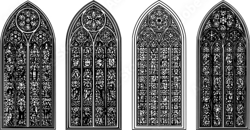 Medieval gothic church glass arch windows. Catholic temple or castle arched stained glasses. Isolated vector black outline silhouette arches. Vintage frames, cathedral interior European architecture