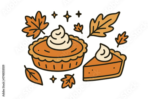 Autumn Pie Delight. Pumpkin pie doodle illustration with whipped cream, slice of pie, autumn leaves and stars isolated transparent