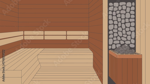 Illustration of a sauna interior with wooden benches and a stone heater in the corner space