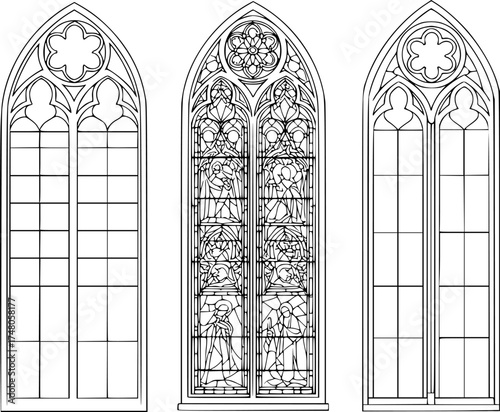 Medieval gothic church glass arch windows. Catholic temple or castle arched stained glasses. Isolated vector black outline silhouette arches. Vintage frames, cathedral interior European architecture