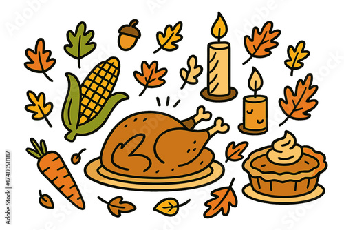 Thanksgiving Feast Sketch. Thanksgiving feast doodle with turkey, corn, pie, candles and autumn leaves isolated transparent
