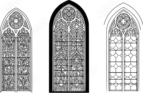Medieval gothic church glass arch windows. Catholic temple or castle arched stained glasses. Isolated vector black outline silhouette arches. Vintage frames, cathedral interior European architecture