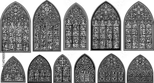 Medieval gothic church glass arch windows. Catholic temple or castle arched stained glasses. Isolated vector black outline silhouette arches. Vintage frames, cathedral interior European architecture