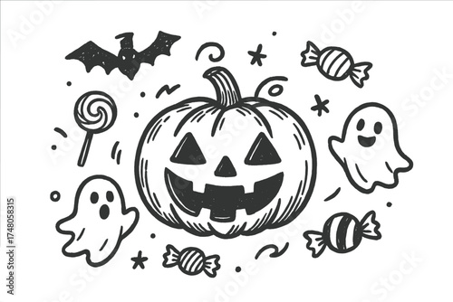 Halloween Doodle Design. Halloween pumpkin doodle with carved jack o lanterns, bats, ghosts and candy isolated transparent