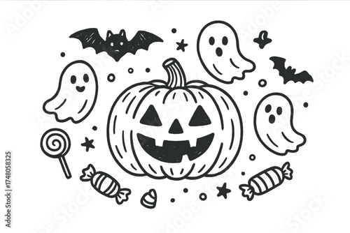 Halloween Doodle Design. Halloween pumpkin doodle with carved jack o lanterns, bats, ghosts and candy isolated transparent