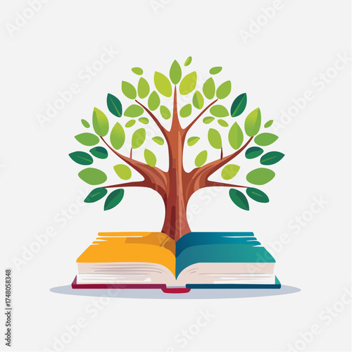 An illustrative tree with lush green leaves growing out of an open book, symbolizing knowledge, growth, and education.