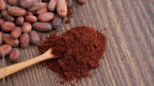 Cocoa powder and beans on wooden surface