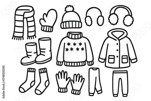 Winter Clothing Icons. Winter clothing doodle icon set: hand drawn icons of scarf, mittens, hat, earmuffs, boots, sweater, coat,