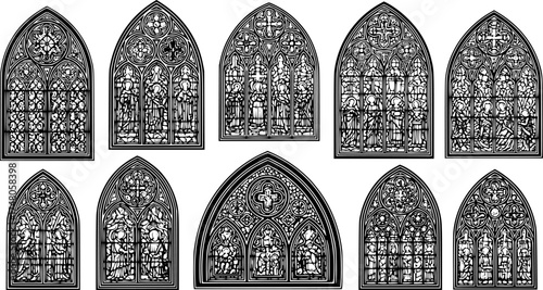 Medieval gothic church glass arch windows. Catholic temple or castle arched stained glasses. Isolated vector black outline silhouette arches. Vintage frames, cathedral interior European architecture