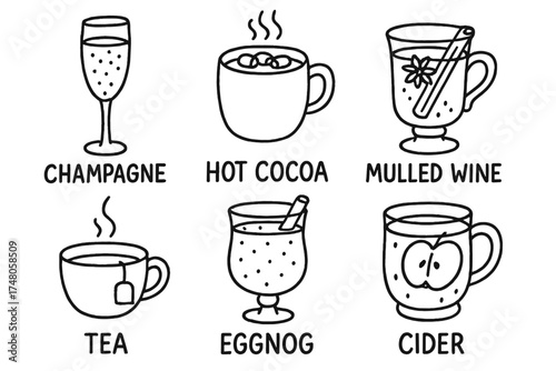 Holiday Drink Icons. Holiday drinks doodle icon set: hand drawn icons of champagne, hot cocoa, mulled wine, tea, eggnog, and cider