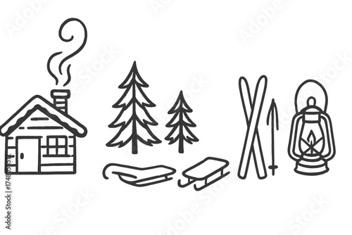 Winter Cabin Icons. Winter cabin doodle icon set: hand drawn icons of wooden house, pine trees, chimney smoke, sled, skis, and