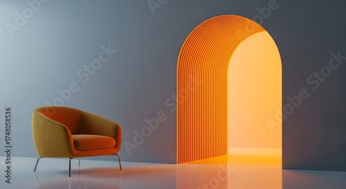 Modern interior with an orange chair and an arched doorway, creating a stylish and minimalist space with a pop of color and light