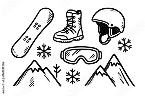 Snowboarding Doodle Icons. Snowboarding doodle icon set: hand drawn icons of snowboard, boots, helmet, goggles, snowflakes, and