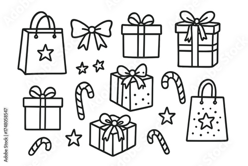 Holiday Shopping Icons. Holiday shopping doodle icon set: hand drawn icons of gift bags, boxes, ribbons, stars, and candy canes.