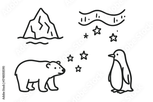 Polar Doodle Icons. Polar landscape doodle icon set: hand drawn icons of iceberg, aurora, stars, polar bear, and penguin. isolated