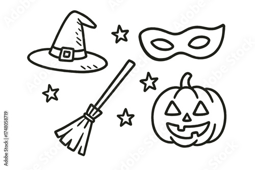 Halloween Costume Icons. Halloween costume doodle icon set: hand drawn icons of witch hat, mask, broom, pumpkin, and stars.
