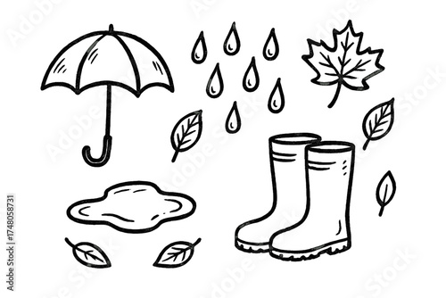 Rainy Day Doodles. Autumn rainy day doodle icon set: hand drawn icons of umbrella, rain boots, puddles, raindrops, and leaves.