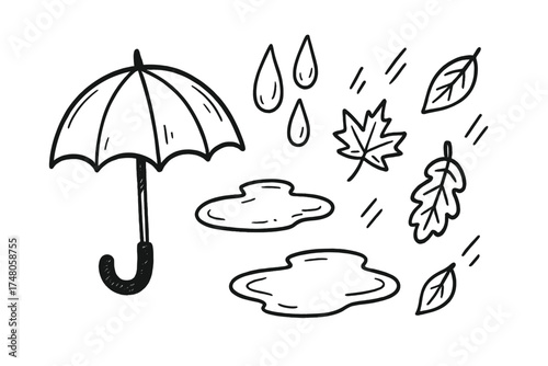 Fall Rain Doodle Icons. Fall rain doodle icon set: hand drawn icons of umbrella, raindrops, puddles, and falling leaves. isolated