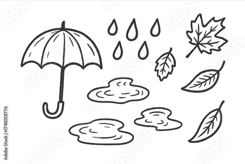 Fall Rain Doodle Icons. Fall rain doodle icon set: hand drawn icons of umbrella, raindrops, puddles, and falling leaves. isolated