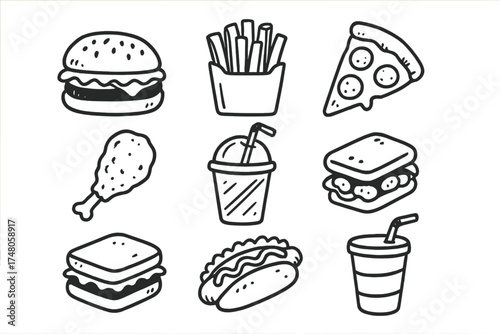 Fast Food Doodle Set. Fast food doodle icon set: hand drawn icons of burger, fries, pizza, fried chicken, milkshake, nuggets,