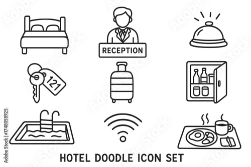 Hotel Icon Set. Hotel doodle icon set: hand drawn icons of bed, reception, bell, key, luggage, minibar, swimming pool, room