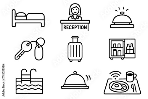 Hotel Icon Set. Hotel doodle icon set: hand drawn icons of bed, reception, bell, key, luggage, minibar, swimming pool, room