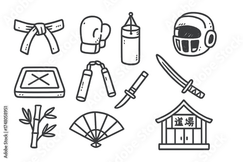 Martial Arts Icons. Martial arts doodle icon set: hand drawn icons of karate belt, gloves, punching bag, helmet, mat, nunchaku,