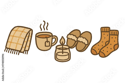 Cozy Fall Icons. Fall cozy doodle icon set: hand drawn icons of blanket, tea, candle, slippers, and socks. isolated transparent