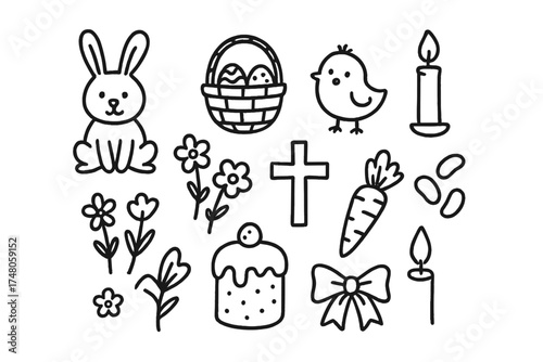 Easter Doodle Icons. Easter doodle icon set: hand drawn icons of bunny, egg basket, chick, flowers, cross, carrot, cake, ribbon,