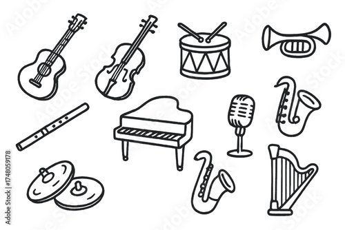 Musical Instrument Doodles. Music instruments doodle icon set: hand drawn icons of guitar, violin, drum, trumpet, flute, piano,