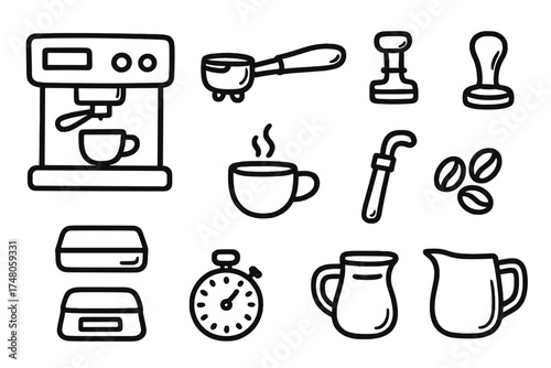 Espresso Icon Set. Espresso doodle icon set: hand drawn icons of espresso machine, portafilter, grinder, tamper, scale, cup, steam